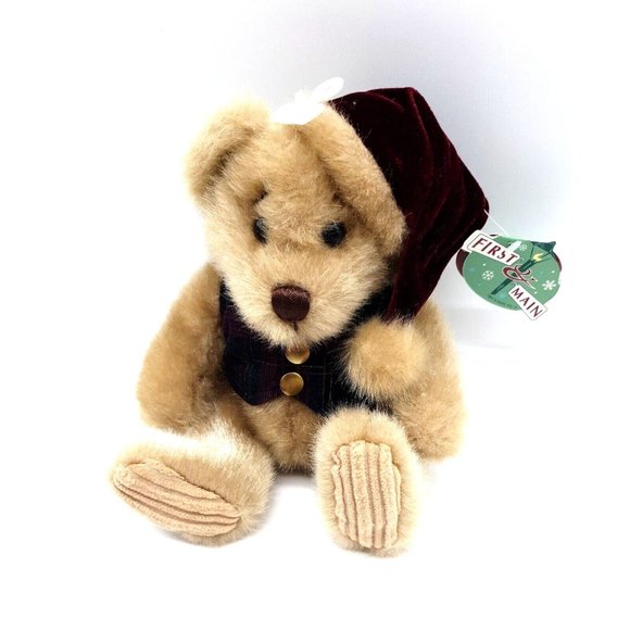 First & Main Minky Holiday Teddy Bear Chirismas Plaid Vest Santa Hat Collectable - Picture 3 of 11